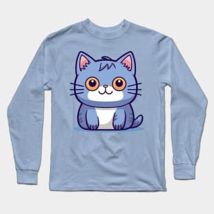 Kawaii Chibi Blue Kitty - Adorable Face, Cute Cat Art Long Sleeve T-Shirt